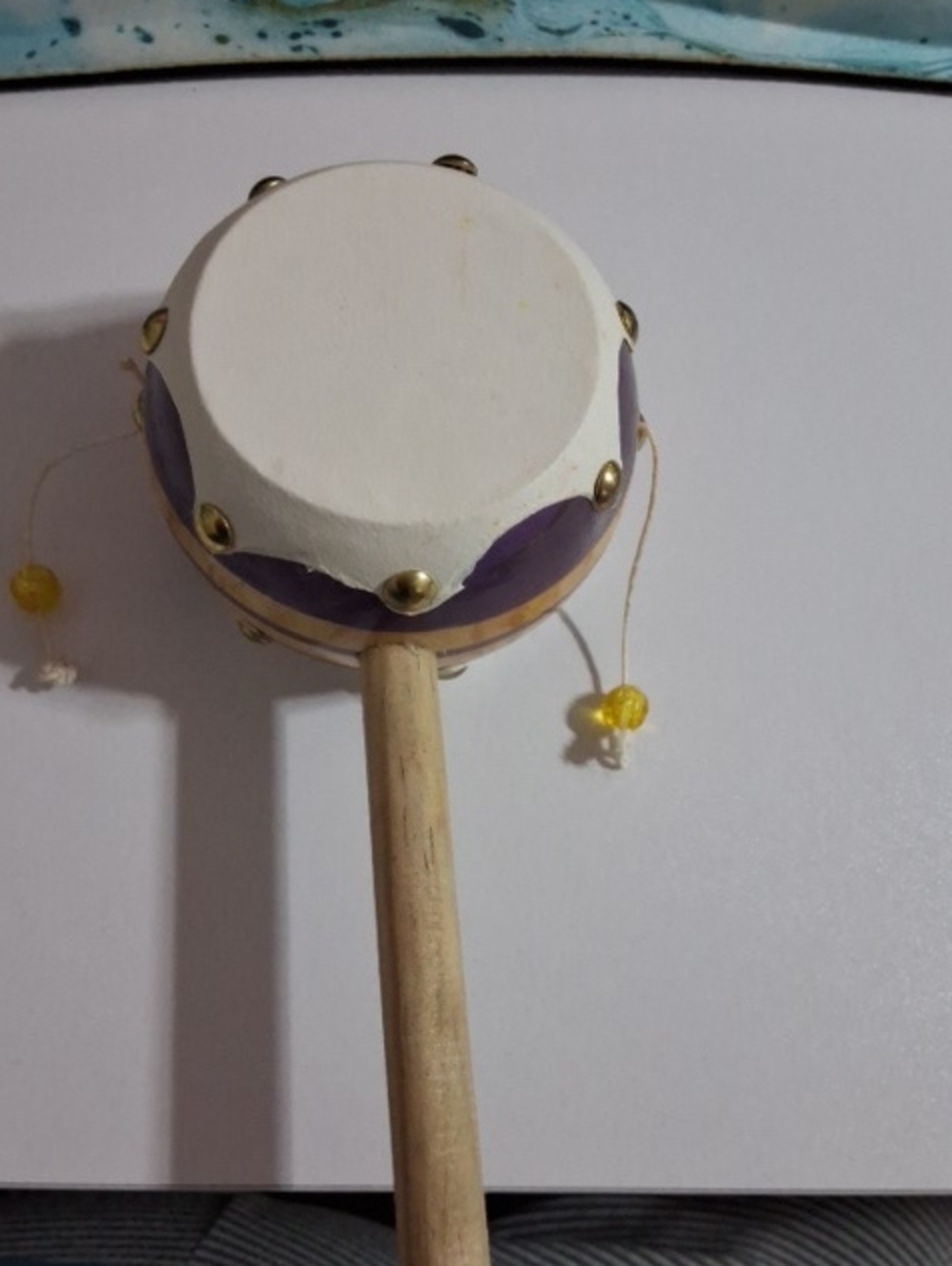 Decorative Hand Drum Rattle in Purple and White